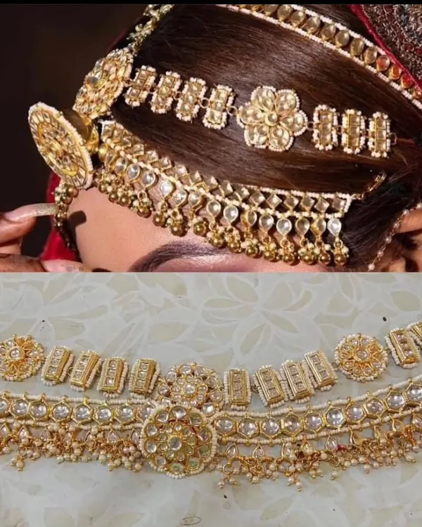 A detailed view of a Kundan mathapatti, showing the intricate floral design. This piece can be worn for weddings or other grand occasions.