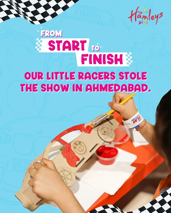 From start to finish, our little racers stole the show in Ahmedabad! This poster captures the hands-on fun of our car-themed event, where kids get to paint and build their own vehicles.