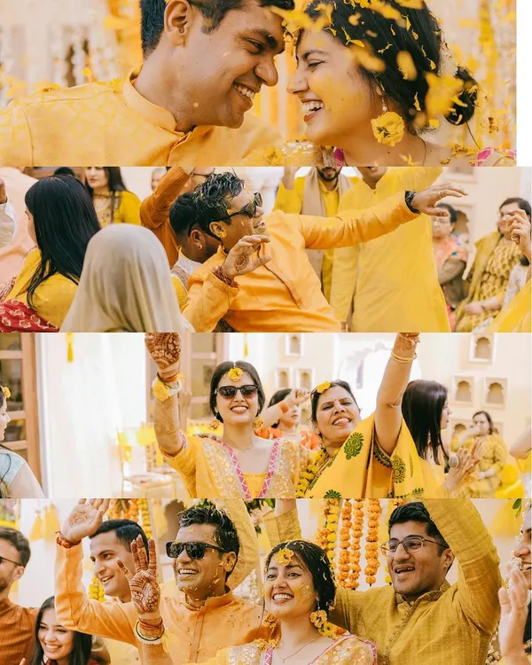 A collage of pure fun from Manasvi and Bhuwanesh's Haldi in Jaipur. This is where the party starts, with dancing, laughter, and a whole lot of yellow.
