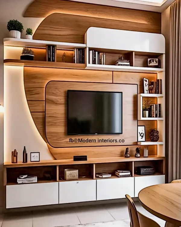 A fully custom media wall that combines curved wooden panels, sleek white cabinetry, and integrated backlighting. This design provides ample storage for books and decor while creating a stunning focal point in the living room, with all wiring neatly concealed.