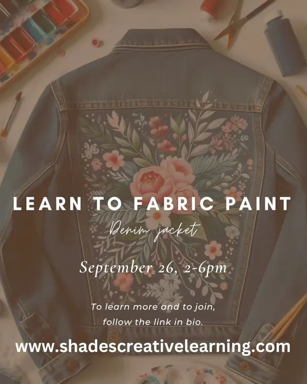 An invitation to our denim jacket fabric painting workshop. These sessions guide you through designing and painting floral patterns, turning a simple jacket into a piece of wearable fashion.