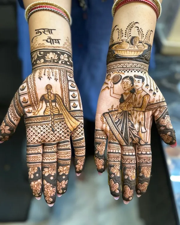 A beautiful Karwa Chauth design showing the complete ritual. One hand depicts the woman looking through the sieve, while the other shows the couple together, capturing the heart of the festival.