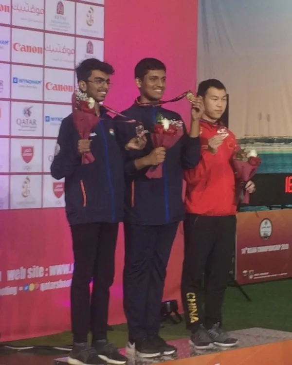 A throwback to our shooter Srijay T R on the podium at the 14th Asian Shooting Championships in Doha, Qatar, where he won both team gold and individual silver for India.