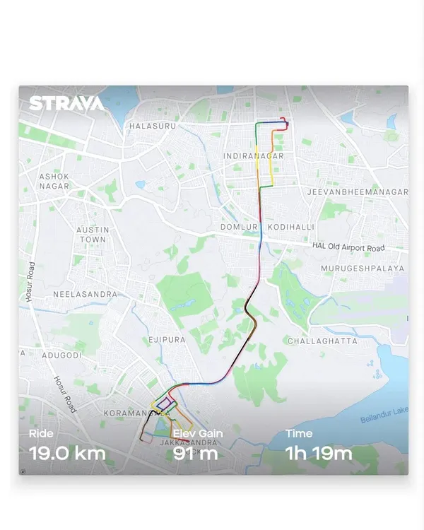 The Strava map from our 19km ride to Koramangala. This journey was an ordeal with scares and a fall due to a pothole, but it taught us the importance of sticking to familiar, safer routes and looking out for each other.