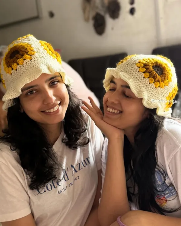 My sister and I modeling our handmade crochet sunflower bucket hats. They are stylish, comfortable, and perfect for adding a fun touch to any outfit.
