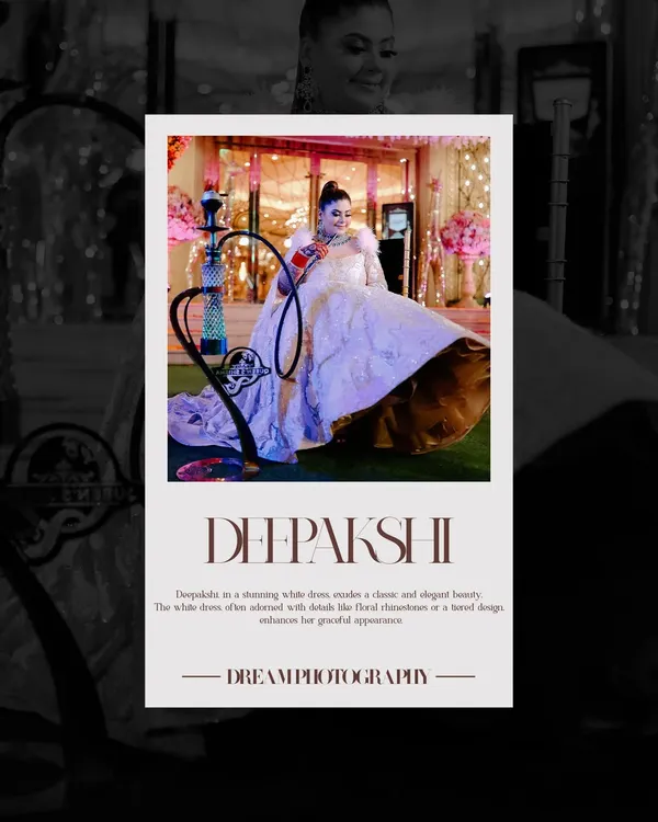 A modern, polaroid-style edit of bride Deepakshi, showcasing her elegant white dress and the grand venue.