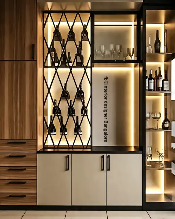 A stylish and modern bar and crockery unit. The design features a diamond-patterned wine rack, glass shelves for stemware, and integrated backlighting to create a sophisticated entertainment hub.