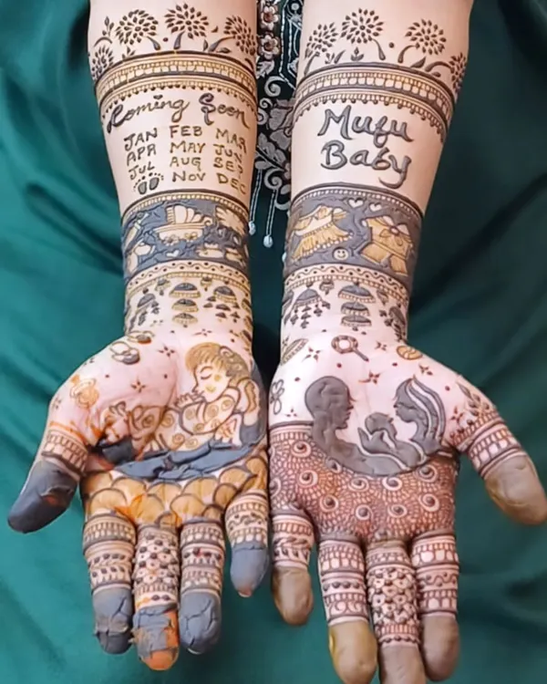 A very special figure mehendi for my sister-in-law. I included a calendar to mark the due date, a family portrait, and lots of cute baby elements like a pram and teddy bear. So much love in this design. 🩵