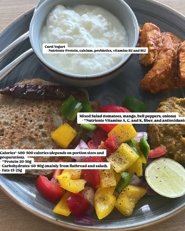This is a perfect example of a balanced client meal. It features a colorful mixed salad, curd for probiotics, and a savory flatbread, providing a mix of protein, carbs, and healthy fats.