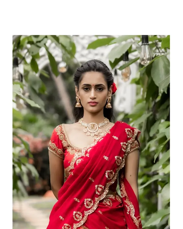 A vision in red, this bridal lehenga is designed for the classic bride. The rich orange-red brocade is paired with a maroon blouse featuring stunning zardosi and bead embroidery, creating a look of regal splendor.
