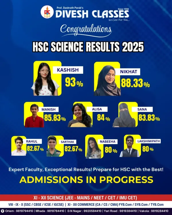 Celebrating the outstanding HSC Science results of our 2025 batch. Our expert faculty is dedicated to helping students like Kashish, Nikhat, and Manish achieve exceptional scores year after year.
