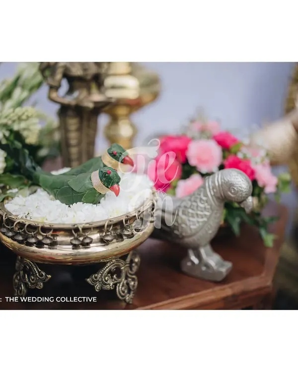 A close-up of the playful parrot accents used in our Kanchivaram-inspired Muhurtham. These small, custom elements are a perfect example of how we weave personal details into our designs to tell a unique story.