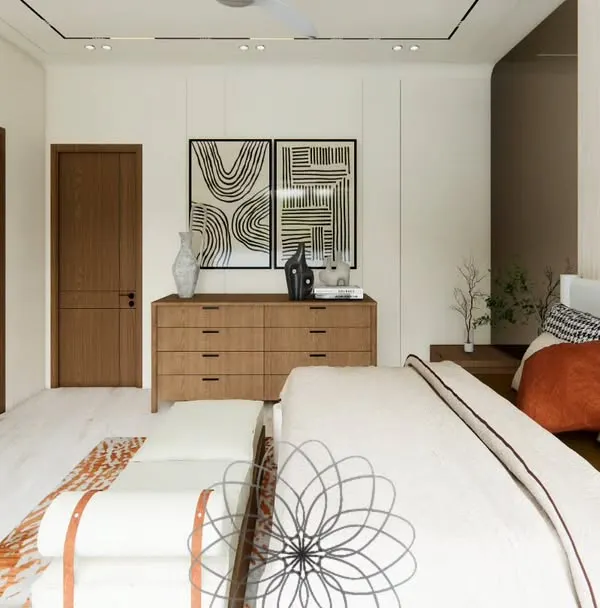 This is the master bedroom from our "Yūgen House" project, designed as a minimal haven. We used a palette of white and warm wood, with fluted wall panels and simple, elegant furniture to create a sense of calm. The design focuses on maximizing natural light and airflow for a serene living experience.