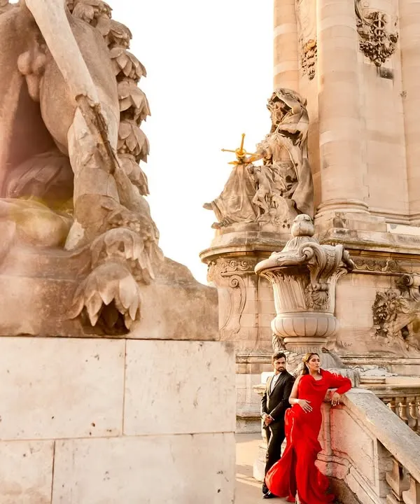 A quintessential pre-wedding portrait in Paris, with the city's stunning architecture as the backdrop for Sachi and Nemil's love story.