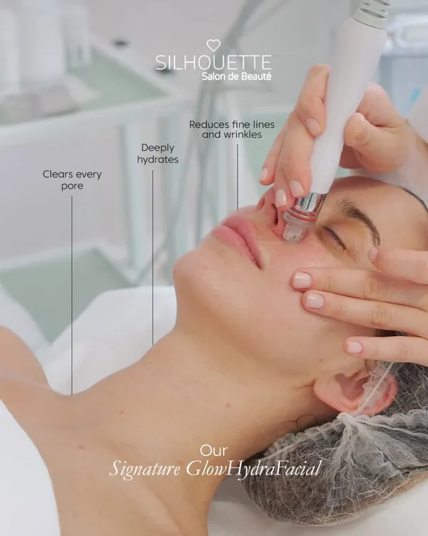 This diagram illustrates the key benefits of my Signature Glow HydraFacial. The treatment clears every pore, provides deep hydration, and visibly reduces fine lines and wrinkles for an immediate, noticeable glow.