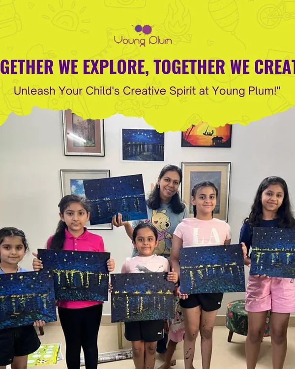 Together we create! Here I am with a group of proud artists and their stunning night-sky cityscapes. In this acrylic painting workshop, we explored layering and dotting techniques to capture the glow of city lights over water.