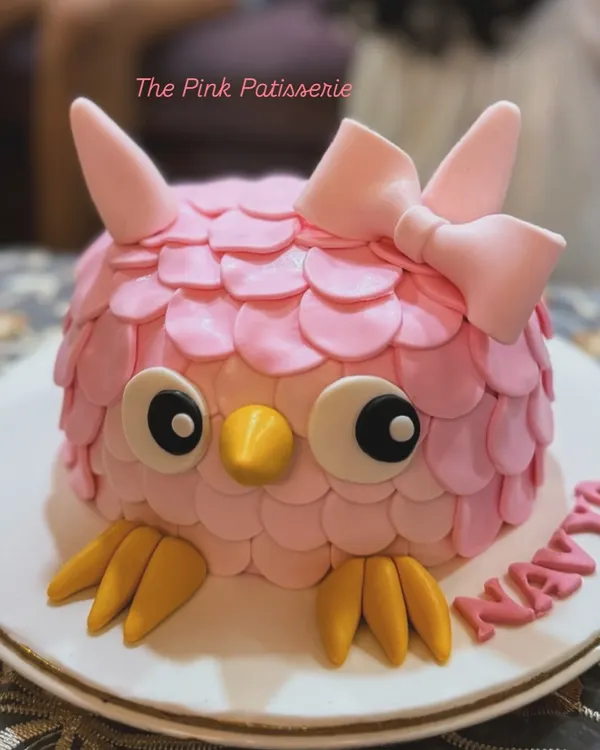 A cute and charming pink owl cake. The feathered texture is created with individual fondant pieces, and the large eyes give it a playful character.