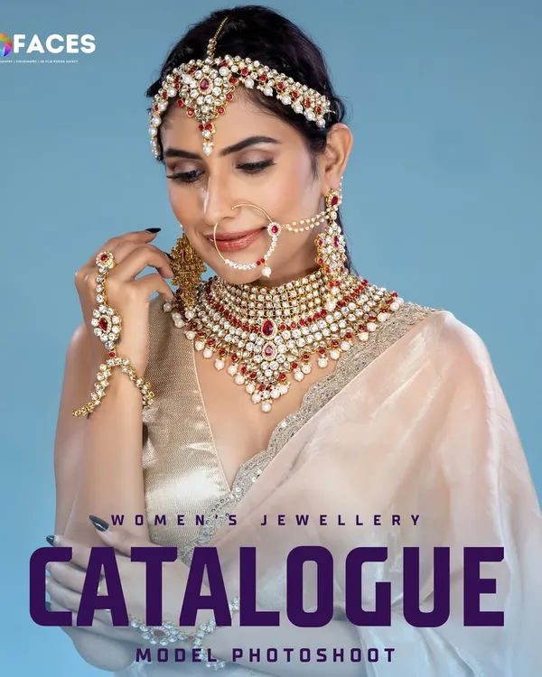 A model adorned in a complete bridal jewellery set, including a maang tikka, nath, and layered necklaces, perfect for a high-end wedding collection catalogue.