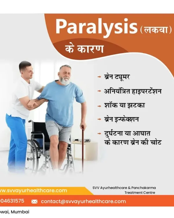 This infographic explains some of the common causes of paralysis (lakwa), including brain tumors, uncontrolled hypertension, and traumatic brain injury. Understanding the cause is the first step toward effective Ayurvedic rehabilitation.