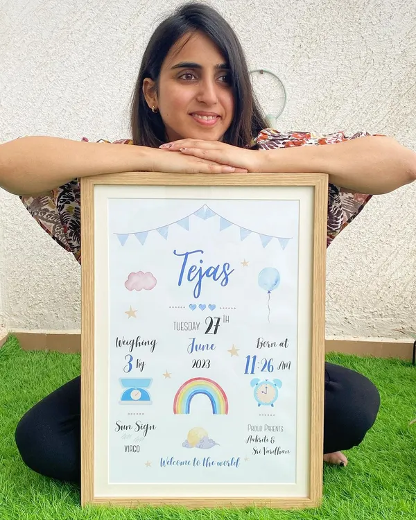 I'm so proud of how this baby biography frame for Tejas turned out. It captures all the sweet details of his arrival, from his birth date and weight to his star sign, creating a keepsake his parents will treasure.