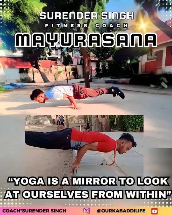 Here I am demonstrating Mayurasana (Peacock Pose). This yoga asana is excellent for strengthening the arms, wrists, and abdomen, and it also improves digestion and focus.