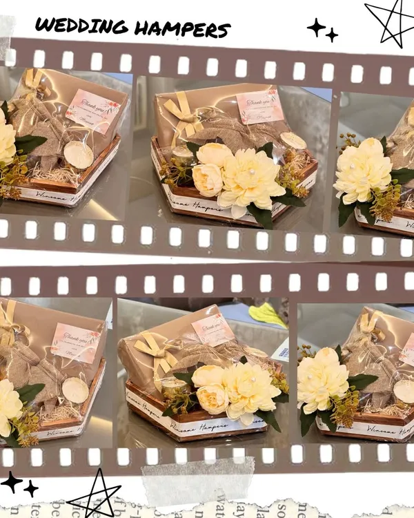 This filmstrip-style collage showcases a series of my wedding hampers. These hexagonal boxes, filled with goodies and adorned with a large cream flower, are perfect as elegant wedding favors or thank you gifts for guests.
