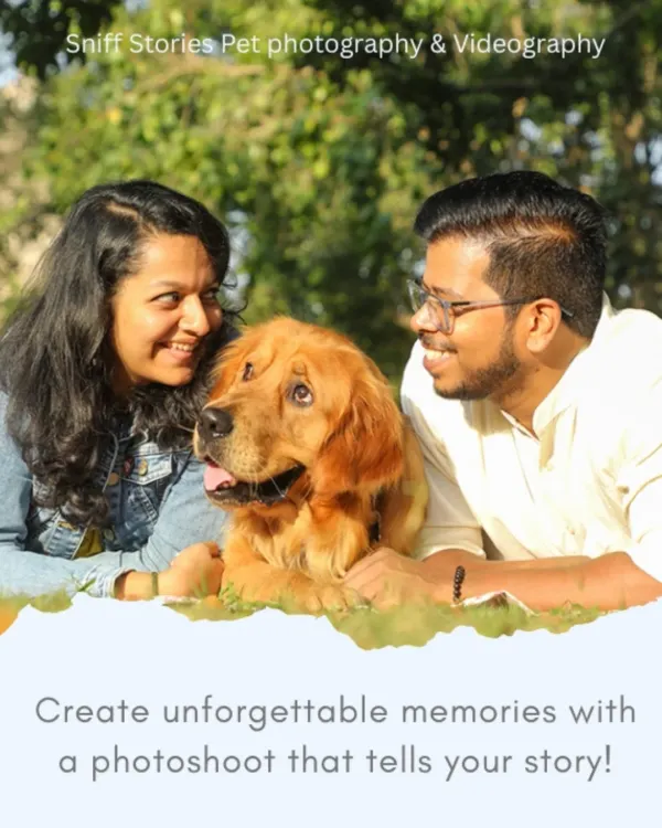 A promotional graphic featuring a happy family with their Golden Retriever, inviting clients to book a photoshoot that tells their unique story.