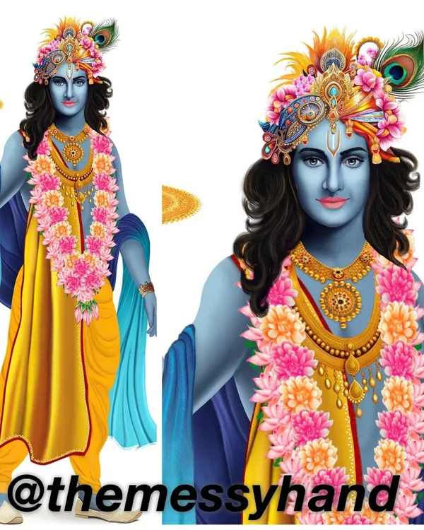 Here you can see the full-length view and a close up of the commissioned Krishna digital painting. I work closely with clients to ensure every detail, from the posture to the accessories, matches their vision.