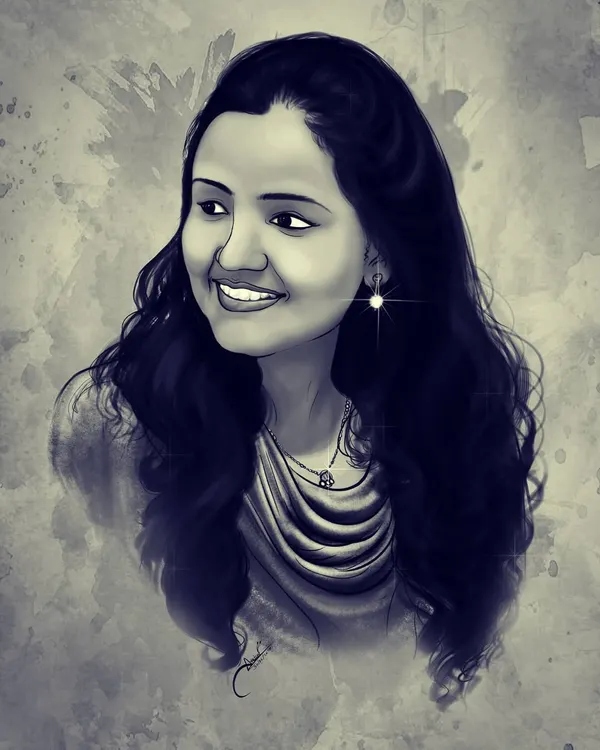 A beautiful black and white digital portrait with a textured, paint-like background. This style is very elegant and focuses on light and shadow to create a dramatic effect.
