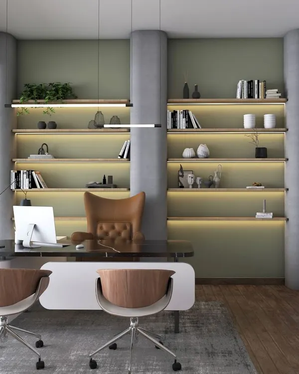 This 3D render shows a proposed design for a modern executive office. The concept features a sage green accent wall with integrated backlit shelving, creating a sophisticated backdrop for a clean, minimalist workspace.