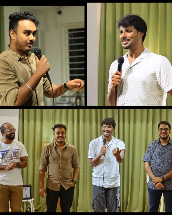 A collage from a "Pramod Sharma and Sanjeev Kumar Live" Kannada stand-up show. The energy from the performers was incredible!