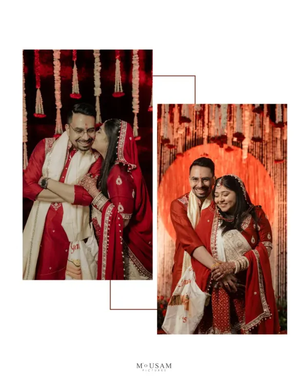 A creative collage of a Bengali couple, capturing both a playful, candid kiss and a classic, smiling portrait. This shows the different sides of their relationship, both fun-loving and gracefully composed.