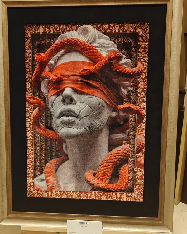A powerful piece from Fannan Raza's 'Carpetsia' collection, where the texture and patterns of carpet art are used to create stunning, three dimensional portraits. This was showcased at Conrad Bengaluru.