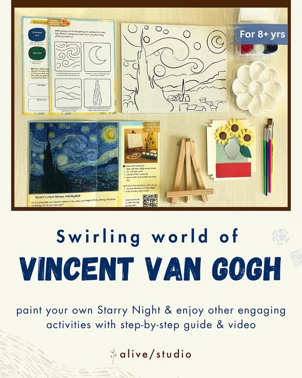 Explore the swirling world of Vincent Van Gogh with our complete painting kit. We provide a pre-drawn canvas, a paint palette, brushes, a mini easel, and an instruction booklet to guide you through creating your own 'Starry Night'.
