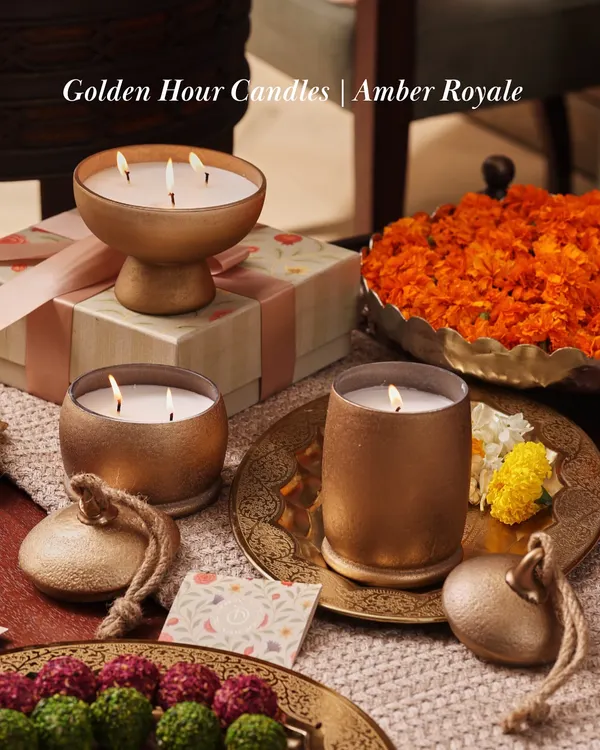 My Golden Hour collection captures the feeling of that serene moment when the sun dips low. The matte gold vessels, including a three-wick bowl and lidded jars, are designed to translate light into fragrance and time into memory, long after the sun has set.