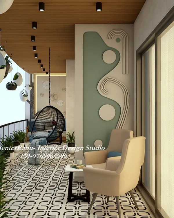 A luxurious and spacious balcony with a seating area, a swing, and a mini bar. The design uses a mix of modern furniture and natural elements to create a perfect space for relaxation and entertainment.