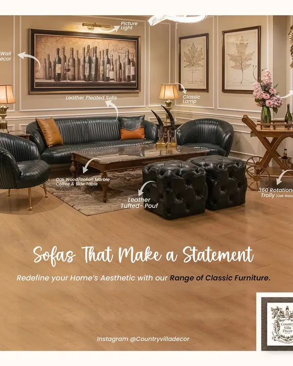 This living room setting is a testament to how I approach design. It brings together classic leather furniture, elegant lighting, and unique wall art to create a space that is both sophisticated and comfortable. Every piece, from the pleated sofa to the rotational trolley, is chosen to make a statement.