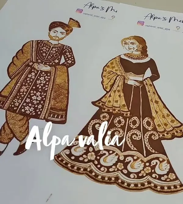 A full bride and groom portrait created with henna on paper. In my course, you will learn how to design and execute these detailed figures, paying close attention to clothing and posture.