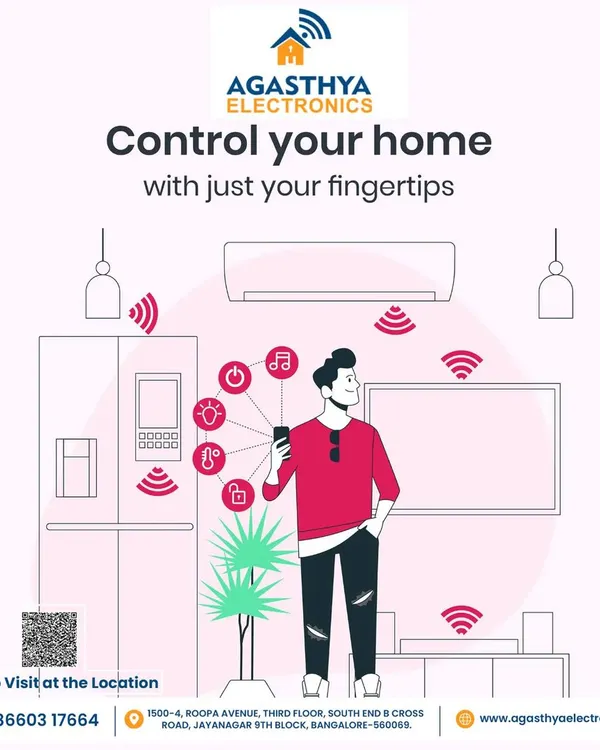 This illustration shows how you can manage lighting, music, security, and more, all from the palm of your hand. Our app brings all your home's functions together for effortless control.