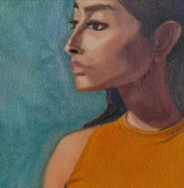 A close-up of a finished oil portrait, focusing on the profile and the interplay of light and shadow. This classic approach to portraiture aims to capture a quiet, contemplative mood.