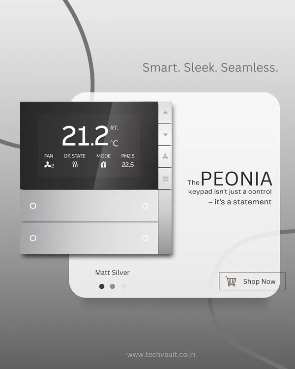 This is our PEONIA keypad, the command center for your home's wellness. Its sleek design and smart controls allow you to effortlessly monitor and manage your indoor climate, including temperature and crucial air quality metrics like PM2.5 levels, ensuring your space is always comfortable and healthy.