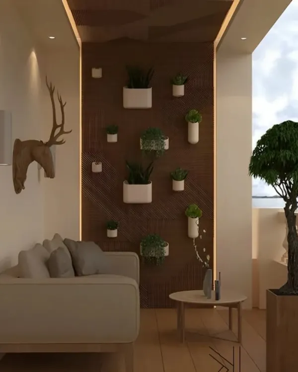 A minimalist and serene balcony featuring a simple, comfortable sofa and a small coffee table. The back wall is decorated with neatly arranged small planters and a modern art piece, creating a calm and uncluttered space for relaxation.