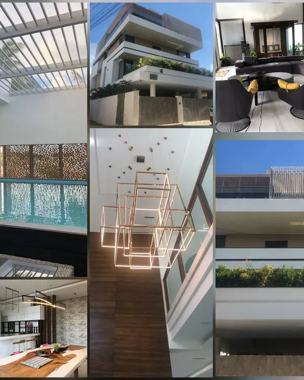 A collage of a recently completed luxury urban residence. This project features a private swimming pool, a custom geometric chandelier, modern kitchen design, and balconies with integrated planters, showcasing our expertise in high end interior and exterior design.