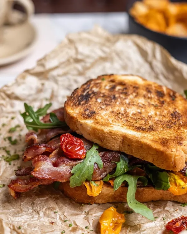 A closer look at my signature BLT. You can see the layers of crispy bacon, peppery arugula, and sweet roasted tomatoes, all on perfectly toasted bread. It’s a balance of textures and flavors.
