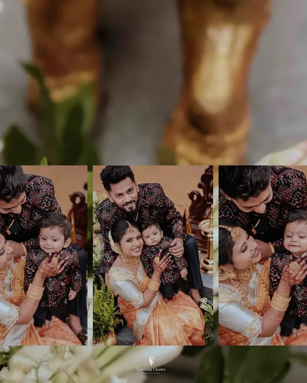 A heartwarming collage of the new parents doting on their baby boy. These close-up shots capture the tender interactions and pure joy of the family during the naming ceremony.