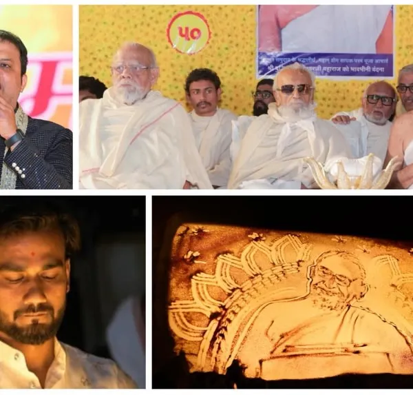 This collage captures the essence of my performance at Mahudi Tirth. It shows me in action, the final sand art, the audience, and the revered spiritual leaders present at the event.