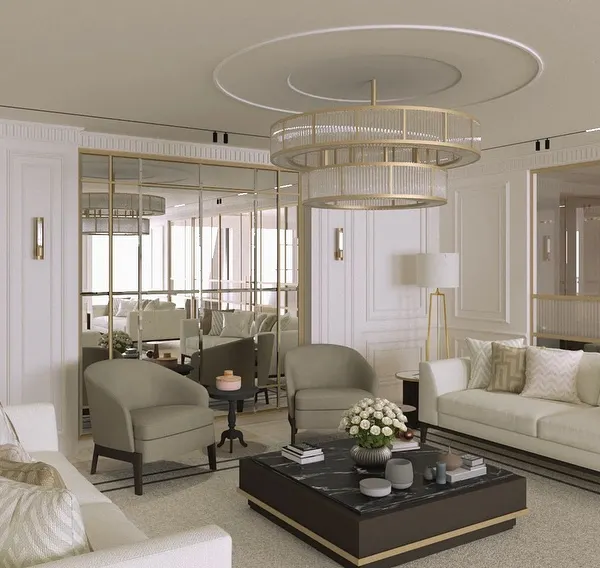 Another view of the neo-classical drawing room, highlighting the use of mirrors to enhance space and light. The careful arrangement of furniture and the grand chandelier create an atmosphere of sophisticated comfort and classic luxury.