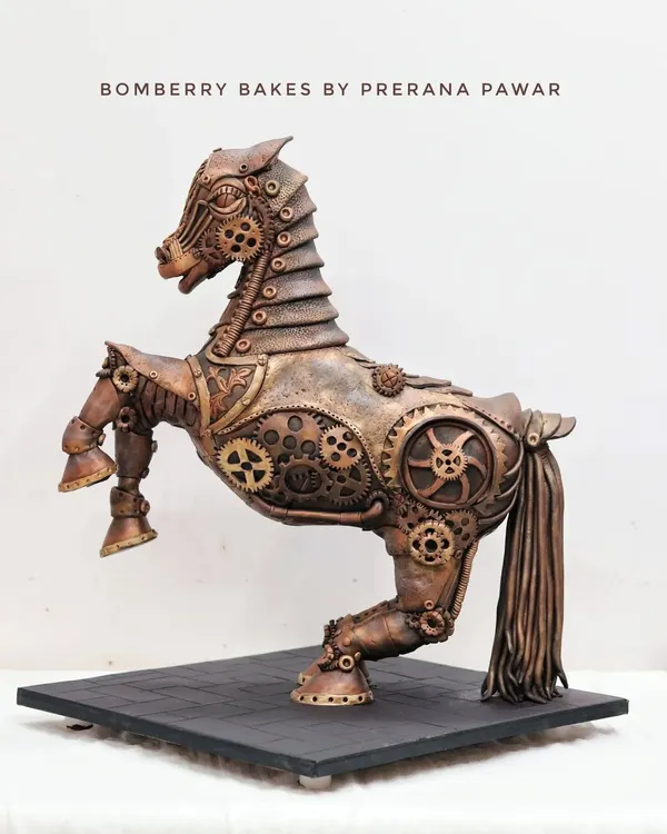 This is my award-winning Steampunk Horse, a fully sculpted cake that won Gold at Cakeology 2023. It's a testament to my passion for creating complex, structured cakes that are as much art as they are dessert.