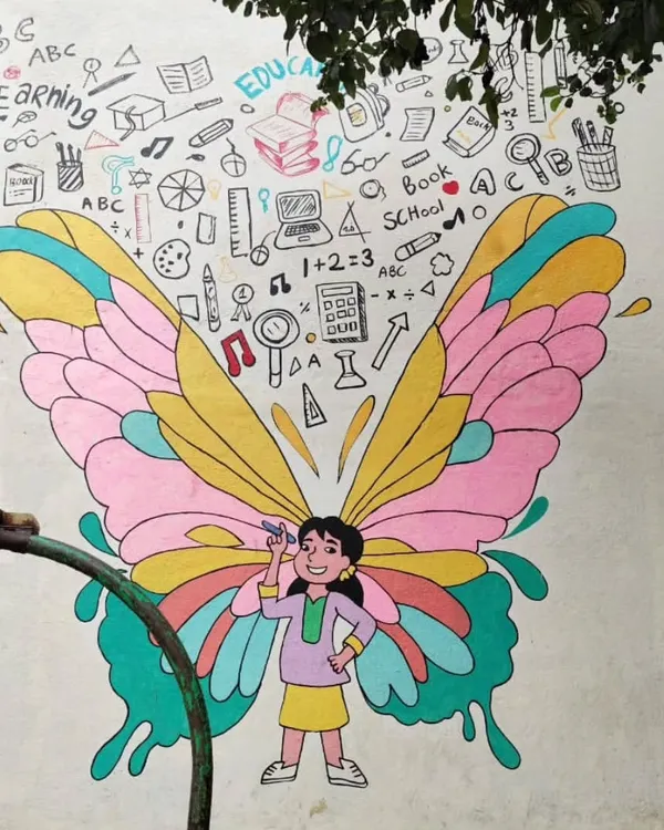 This butterfly girl mural is a favorite in the schools I paint for. It doubles as a fun selfie spot and an educational tool, with the wings filled with doodles about learning and creativity.