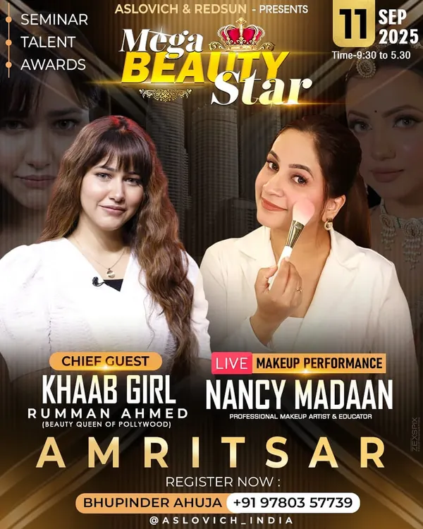 The official poster for my Mega Beauty Star bridal makeup masterclass in Amritsar. I'll be doing a live performance, sharing my signature bridal look.
